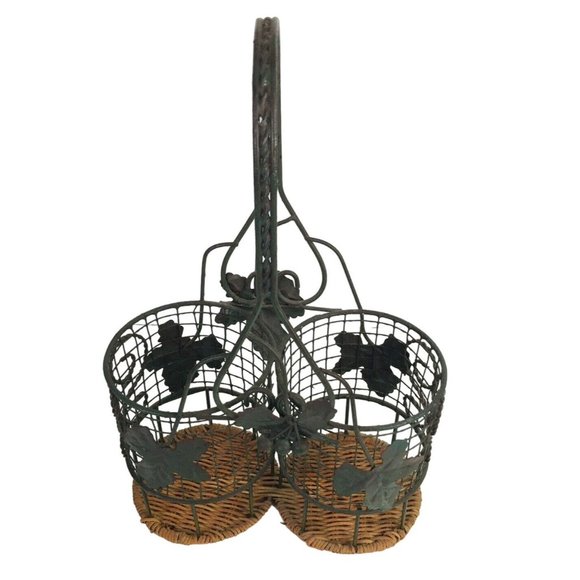 Wine Caddy Carrier Basket Metal Wicker Grape Leaf Rustic Design - Picture 5 of 7